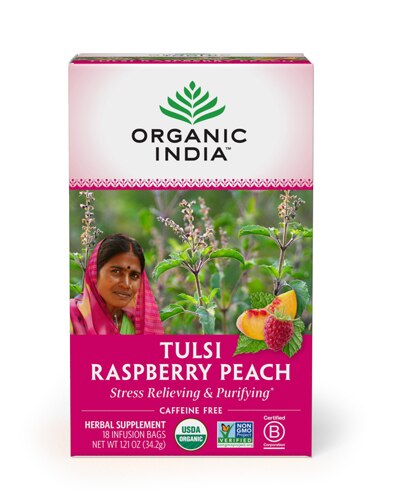 Organic India Tulsi Tea Raspberry Peach -- 18 Tea Bags