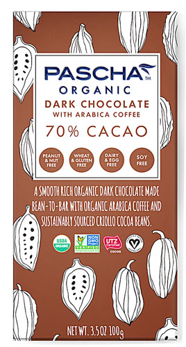 Pascha Organic Dark Chocolate Bar 70% Cacao Arabica Coffee -- 3.5 oz