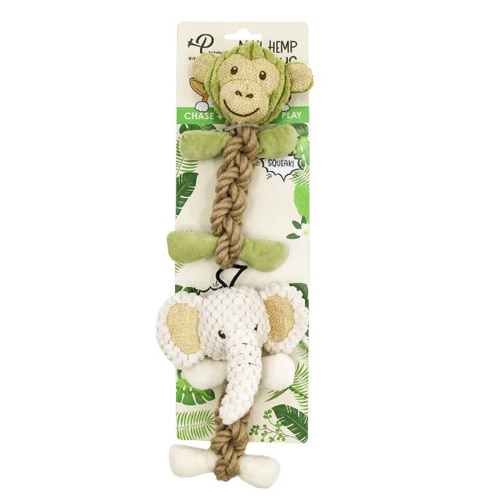 Petique Mini Tough Hemp Monkey and Elephant Squeaker Plush Dog