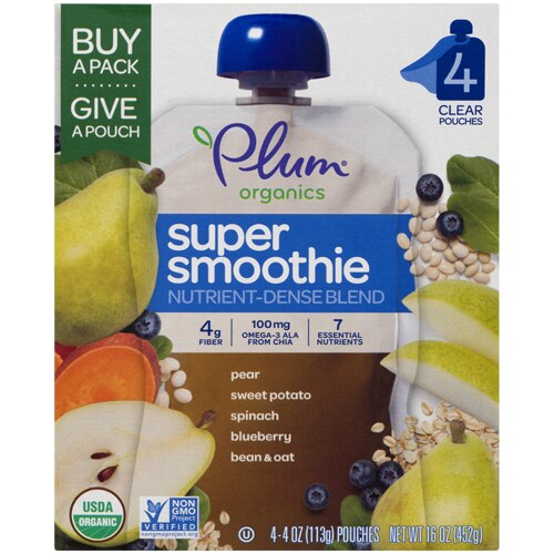 Plum Organics Super Smoothie Pear Sweet Potato Spinach Blueberry Bean & Oat -- 4 oz Pouch / Pack of 4