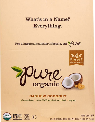 Pure Organic Fruit &amp; Nut Bar Gluten Free Cashew Coconut -- 12 Bars