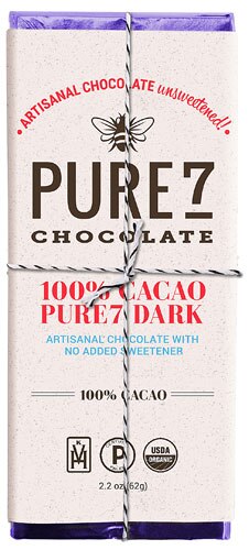 Pure7 Chocolate 100% Cacao Dark Chocolate Bar Unsweetened Dark Chocolate -- 2.2 oz