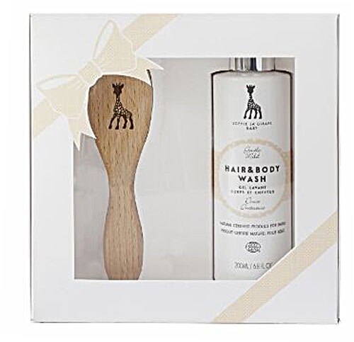 Sophie La Girafe Cosmetics Baby Gift Box Hair &amp; Body Wash plus Natural Wood Paddle Hair Brush -- 1 Kit