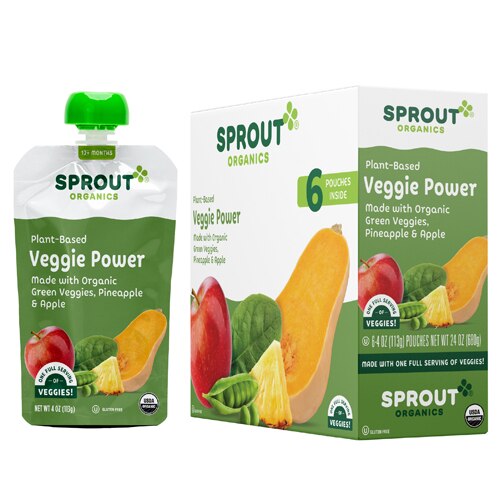 Sprout Organic Baby Food Veggie Power Green Veggies with Pineapple & Apple -- 4 oz Each / Pack of 6