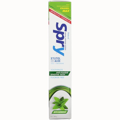 Spry Anti-Plaque Tartar Control Xylitol Toothpaste with Aloe- Fluoride Free Spearmint -- 5 oz