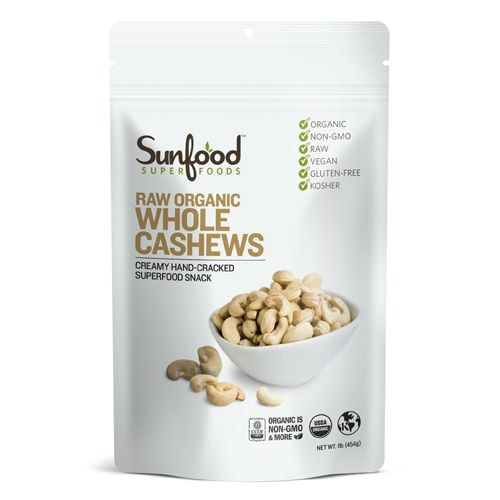 SunFood Raw Organic Whole Cashews -- 1 lb