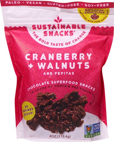 Sustainable Snacks Chocolate Superfood Snacks Gluten Free Vegan Cranberry Walnuts -- 4 oz