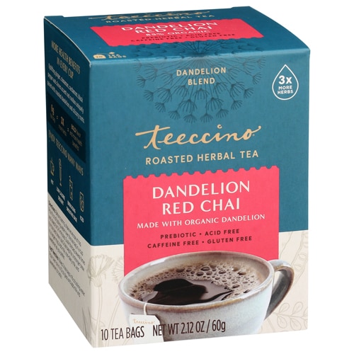 Teeccino Organic Chicory Herbal Tea Gluten Free Dandelion Red Chai -- 10 Tea Bags