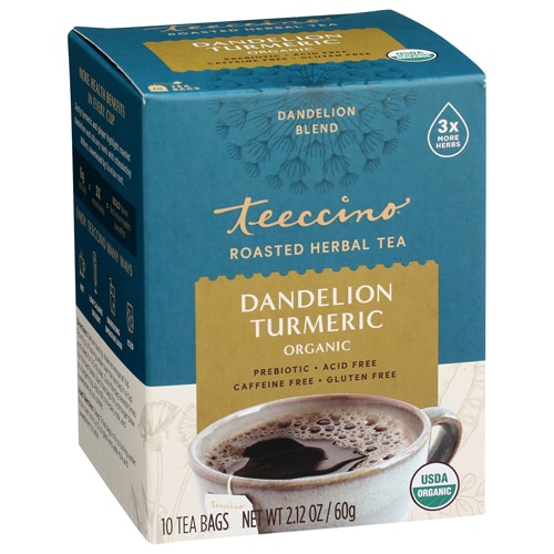 Teeccino Organic Chicory Herbal Tea Gluten Free Dandelion Turmeric -- 10 Tea Bags