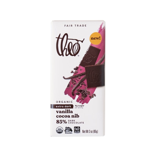 Theo Organic 85% Dark Chocolate Bar Vanilla Cocoa Nib -- 3 oz