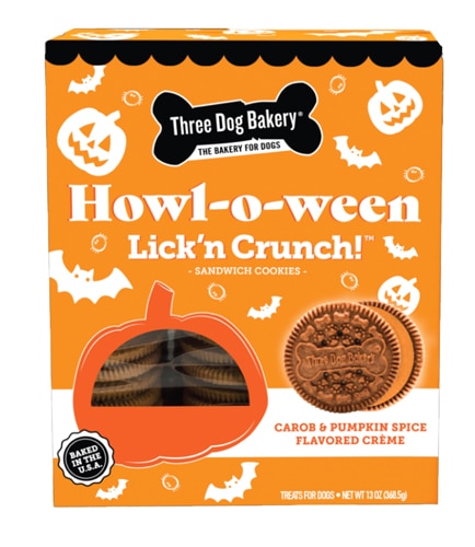 Three Dog Bakery Dog Treats Howl-o-ween Lickn Crunch! Sandwich Cookies Carob Pumpkin Spice