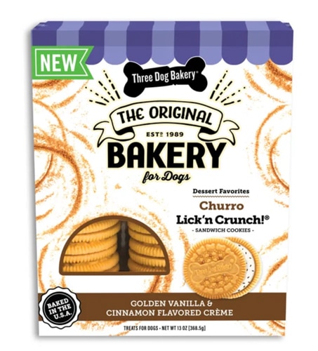 Three Dog Bakery Dog Treats Lick'n Crunch! Sandwich Cookies Churro Golden Vanilla & Cinnamon