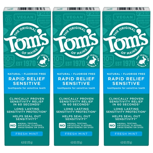 Tom's of Maine Fluoride-Free Rapid Relief Sensitive Toothpaste Fresh Mint -- 4 oz Each / Pack of 3