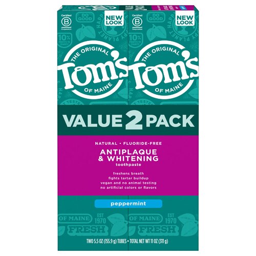 Tom's of Maine Natural Fluoride-Free Antiplaque & Whitening Toothpaste Peppermint -- 5.5 oz Each / Pack of 2