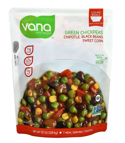 Vana Life Foods Legume Bowls Green Chickpeas Ready-to-Eat Entrees Chipotle Black Beans Sweet Corn -- 10 oz