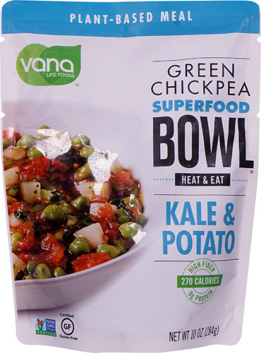 Vana Life Foods Legume Bowls Green Chickpeas Ready-to-Eat Entrees Kale Potato Tomato Rosemary -- 10 oz