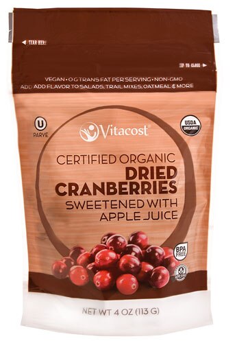 Vitacost Certified Organic Dried Cranberries Sweetened with Apple Juice -- 4 oz (113 g)