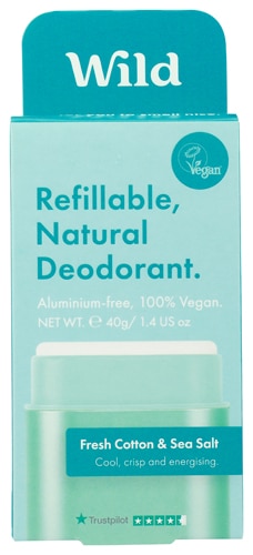 Wild Natural Refillable Deodorant Case and Refill - Aqua Blue Case with Fresh Cotton & Sea Salt Refill