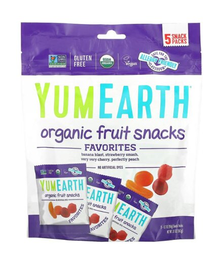 Yum Earth Non-GMO Organic Fruit Snacks Banana Cherry Peach & Strawberry -- 5 Packs