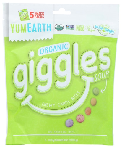 Yum Earth Non-GMO Organic Giggles Chewy Candy Bites Assorted Sours -- 0.5 oz Each / Pack of 5
