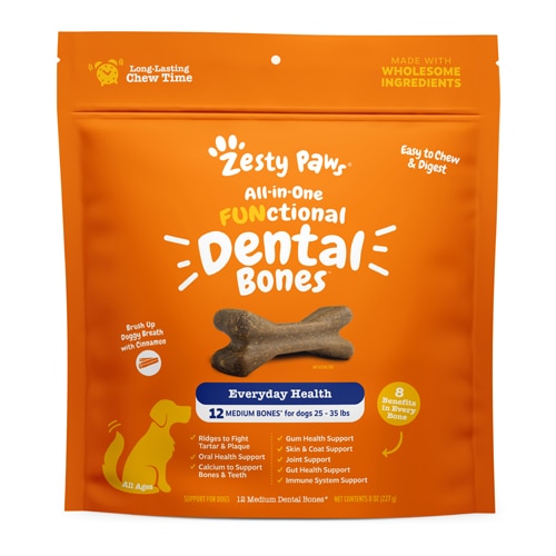 Zesty Paws All-in-One FUNctional Dental Bones Dental Chews for Medium Dogs