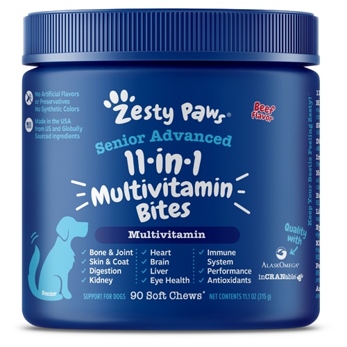 Zesty Paws Senior Advanced 11-in-1 Multivitamin Glucosamine Supplement for Dogs Beef