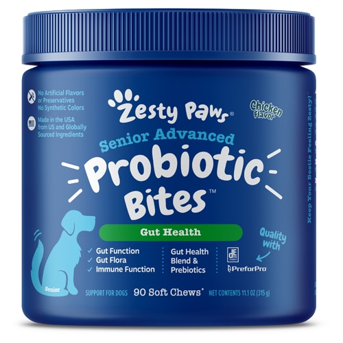 Zesty Paws Senior Advanced Probiotic Bites Gut Health Dog Supplement Chicken
