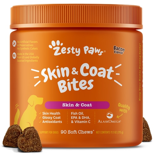 Zesty Paws Omega Bites for Dogs Skin Coat All Ages Bacon Flavor 90 Soft Chews