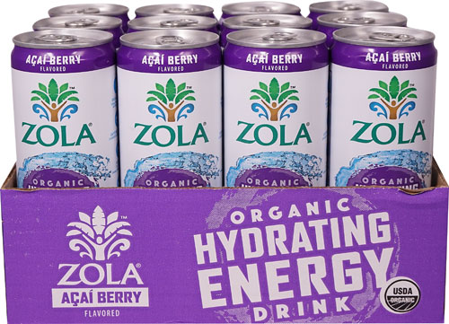 Zola Organic Energy Drink Sparkling Coconut Water Acai Berry -- 12 Cans