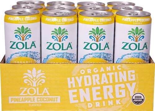 Zola Organic Energy Drink Sparkling Coconut Water Pineapple Coconut -- 12 Cans