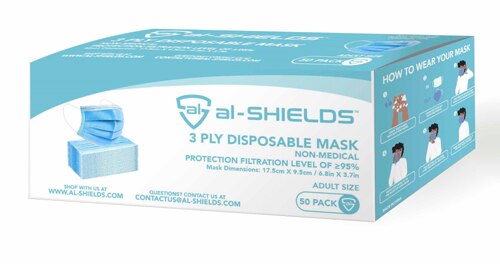 al-SHIELDS 3-Ply Disposable Adult Size Face Mask with Ear Loops - For Civil Use -- 50 Pack