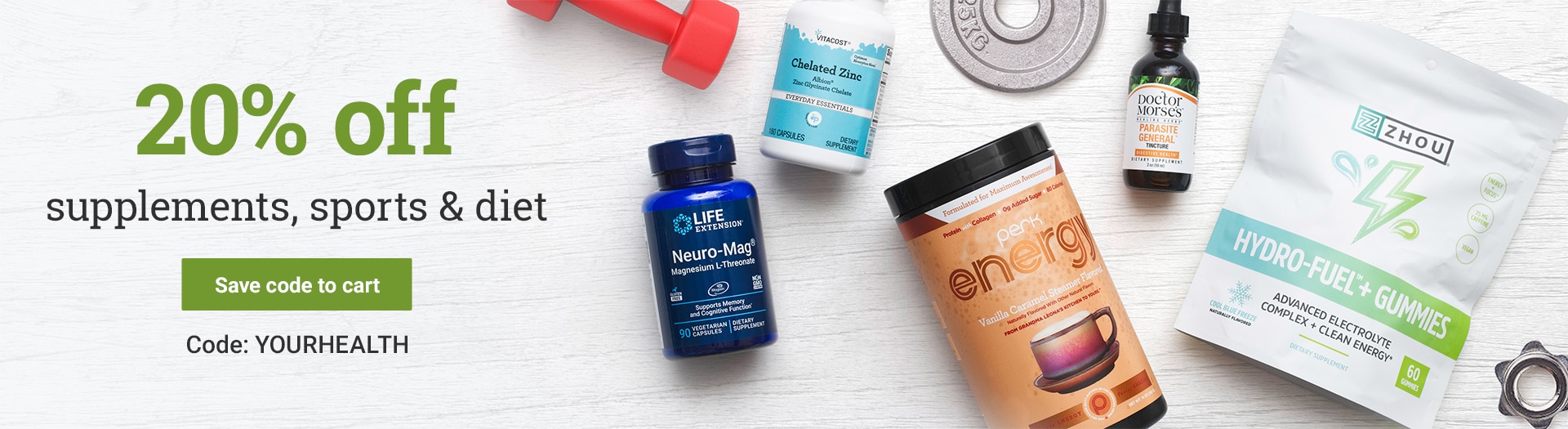 20% off supplements, sports & diet.