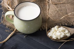 Kefir Grains (or Kefir Starter) on Spoon with Mug of Kefir Beverage | Vitacost.com/blog
