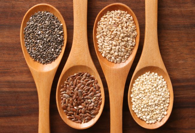 Four Wooden Spoons with Assortment of Seeds That are Rich in Fiber | Vitacost.com/blog