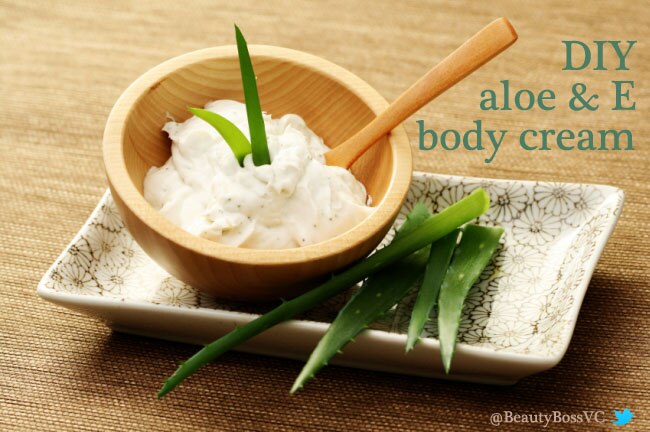 DIY Aloe and E Body Cream Aloe body cream with fresh leaves in a wooden bowl