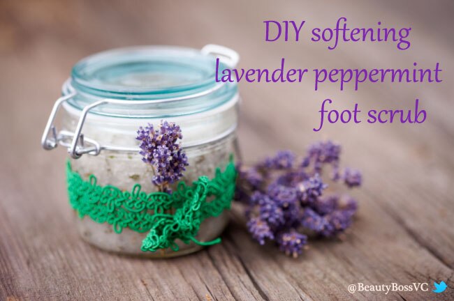 Softening Lavender Peppermint Foot Scrub Foot scrub in jar with fresh lavender