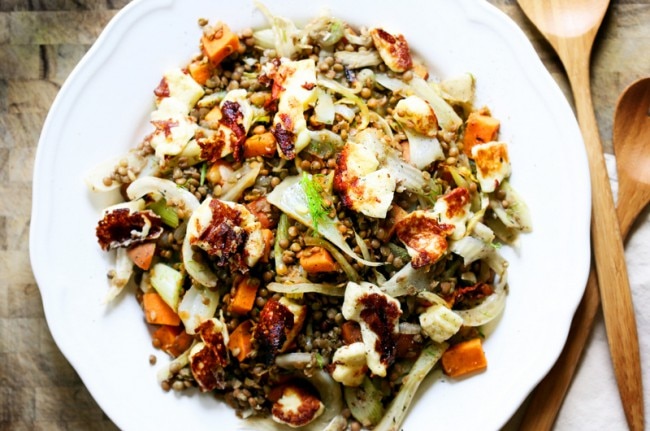 Lentils & Roasted Vegetables with Halloumi Warm Lentils & Sweet Potatoes with Halloumi