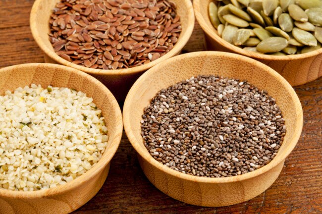 chia seeds, flax seeds, hemp seeds and pumpkin seeds