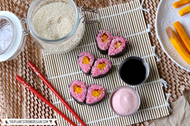 Pink Heart-Shaped Sushi with Spicy Vegan Mayo Pink Heart-Shaped Vegetable Sushi Roll