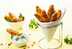 Oven-Baked Zucchini Fries Arranged in Porcelain Cone Holder with Side of Dip | Vitacost.com/blog
