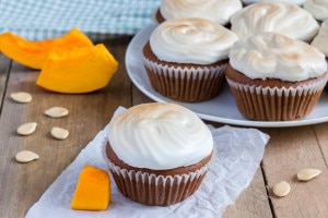 Pumpkin Cupcakes with Crystallized Ginger and Maple Frosting
