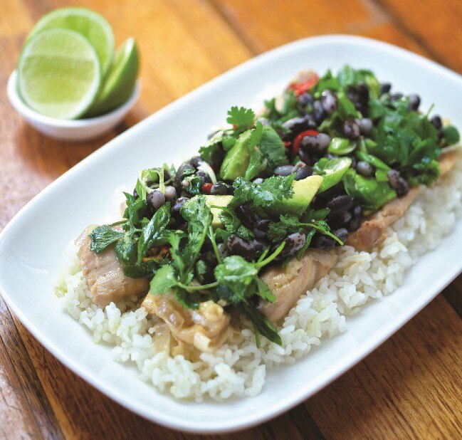 Coconut Chicken with Orca Bean, Avocado and Cilantro Salad  Zesty Coconut Chicken