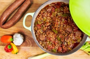 Alligator Sausage Andouille in Green Pot on Table