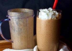 Chocolate mocha protein shake with blender pitcher