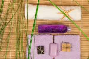 Bamboo mat with towels and natural soap