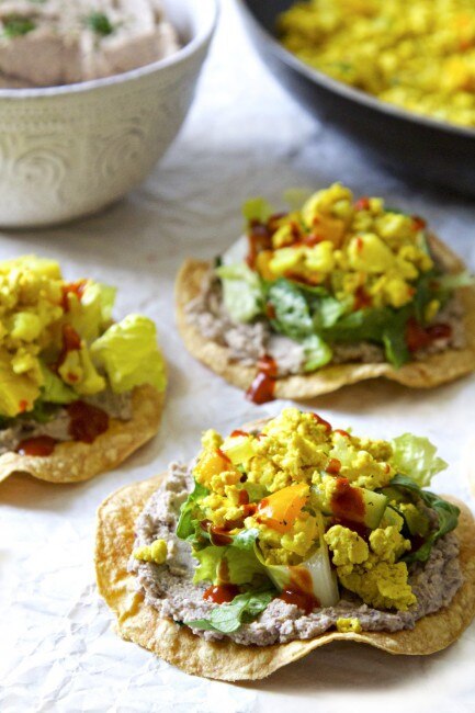 Breakfast tostadas with black bean hummus and tofu scramble #breakfast #brunch www.vitacost.com/blog