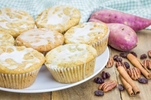 Glazed cinnamon protein muffins on white plate | www.vitacost.com/blog