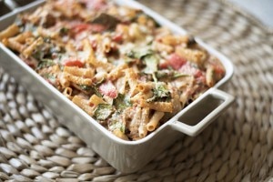 Baking dish with chicken penne pasta & roasted veggies #recipe | www.vitacost.com/blog