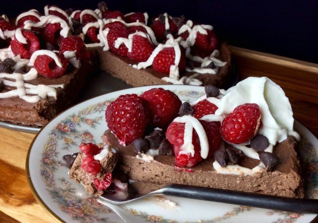 Protein Dessert Recipe: French Silk Pie  Slice of French chocolate silk pie with raspberries and icing #healthydesserts www.vitacost.com/blog