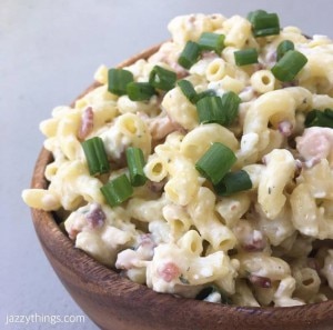 Chicken pasta salad in wood bowl #recipe | www.vitacost.com/blog